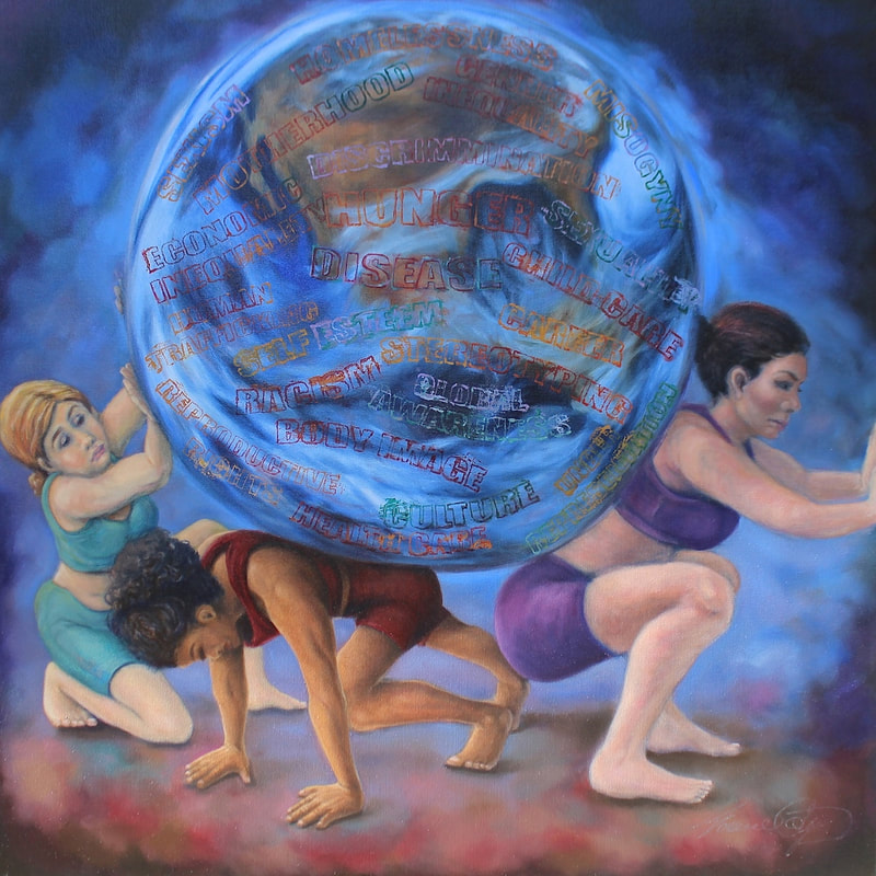 Three women carry weighty world issues on their backs and shoulders in a compassionate way. My visual was inspired by the Corona Virus Pandemic and the mounting U.S. political tension. Created for Women's History month.
